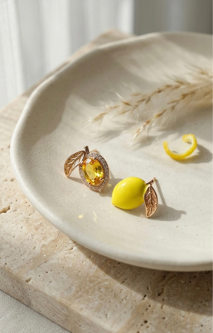 Zesty Lemon Asymmetrical Stud Earrings | Gold-Plated Crystal & Enamel