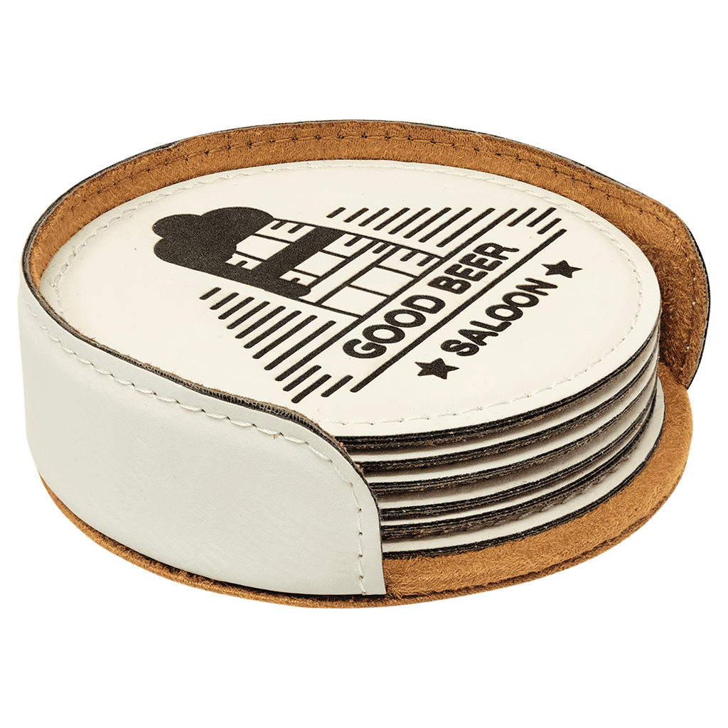 4" Dark Brown Round Laserable Leatherette 6-Coaster Set