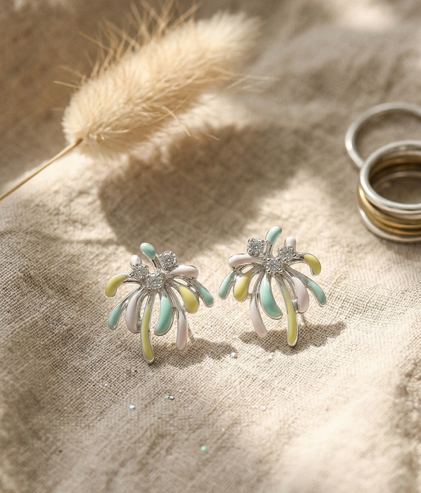 Aura Moments Pastel Fireworks Burst Stud Earrings - Silver & Multicolor Enamel