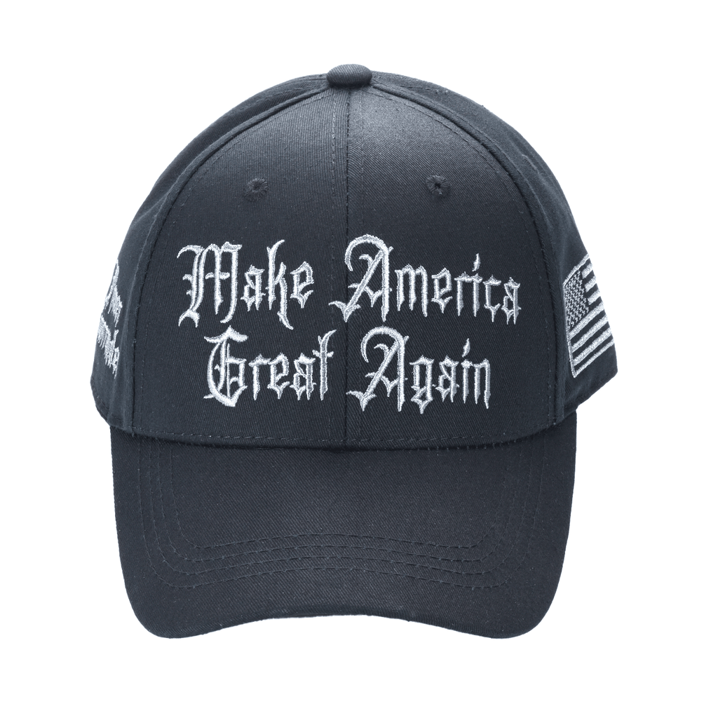 Gothic Dark MAGA Trump Cap – Black, Gothic Embroidery, Never Surrender Side, Flag & Trump Back