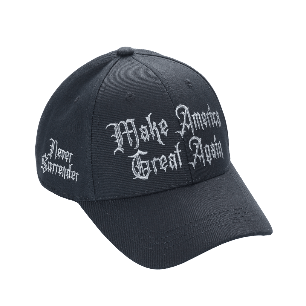 Gothic Dark MAGA Trump Cap – Black, Gothic Embroidery, Never Surrender Side, Flag & Trump Back