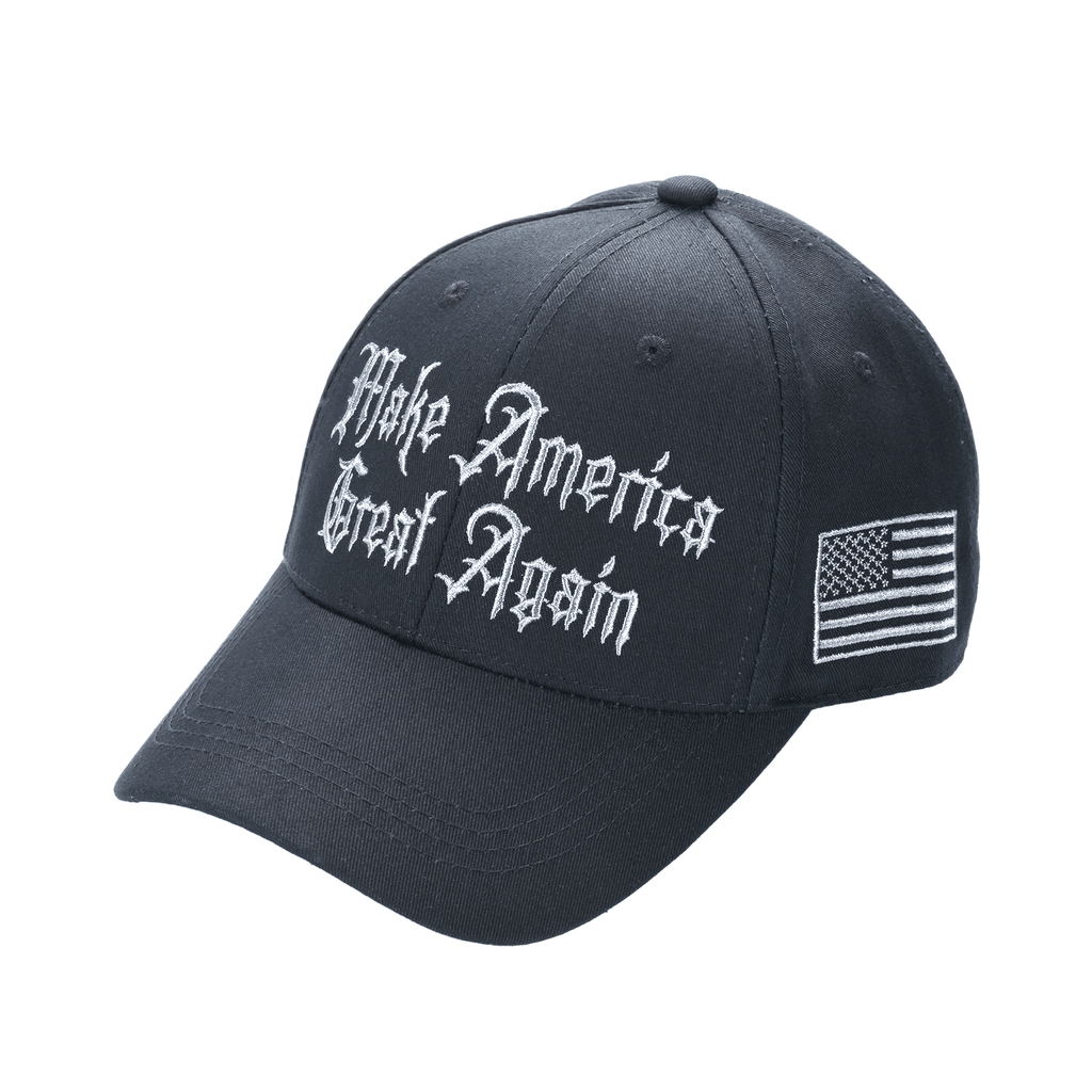 Gothic Dark MAGA Trump Cap – Black, Gothic Embroidery, Never Surrender Side, Flag & Trump Back