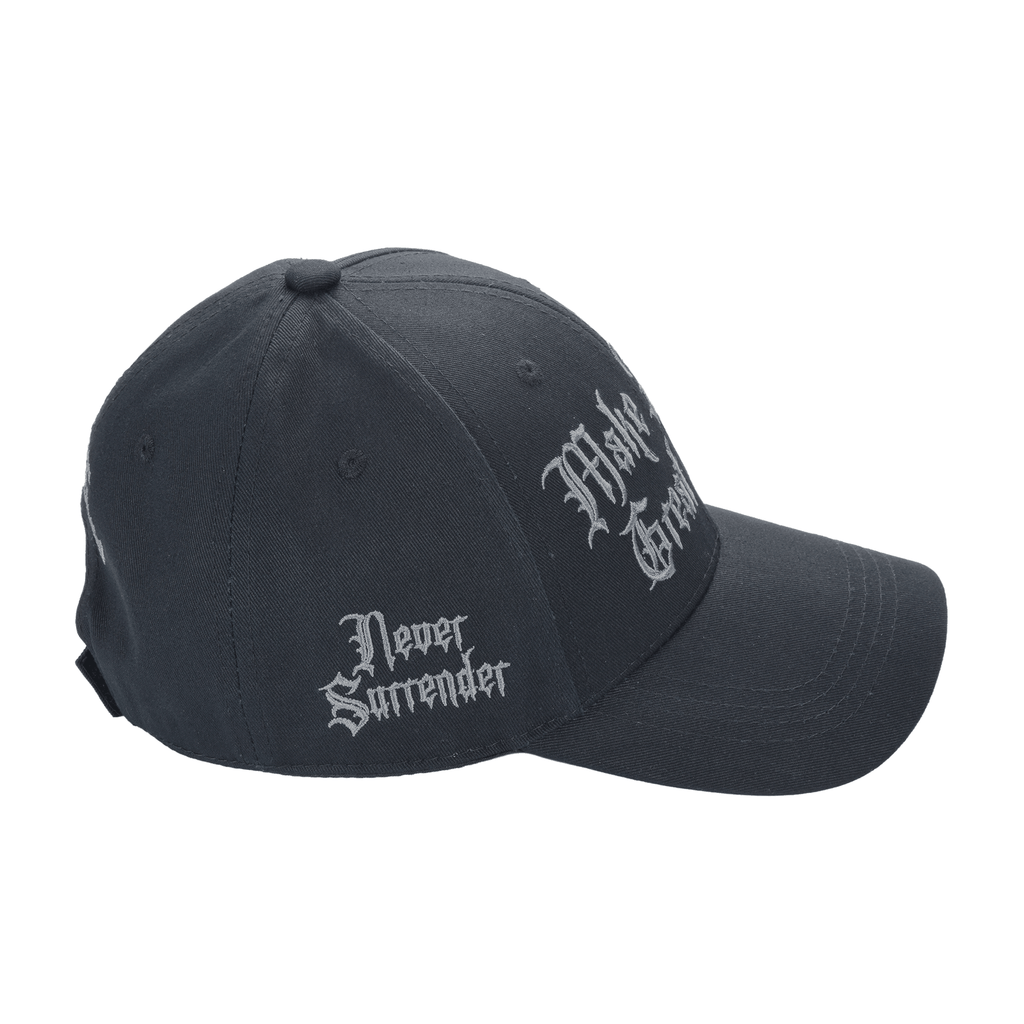 Gothic Dark MAGA Trump Cap – Black, Gothic Embroidery, Never Surrender Side, Flag & Trump Back