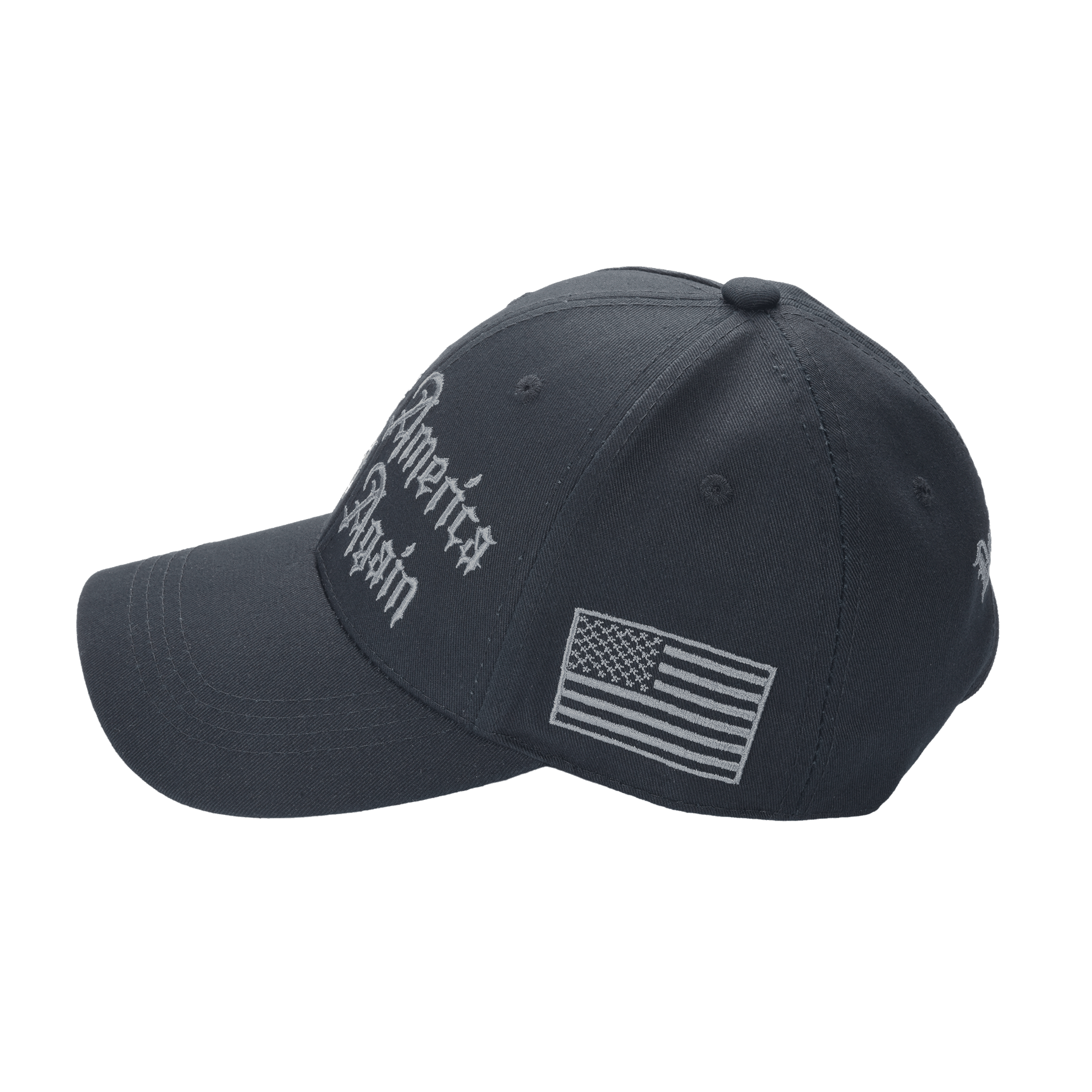 Gothic Dark MAGA Trump Cap – Black, Gothic Embroidery, Never Surrender Side, Flag & Trump Back