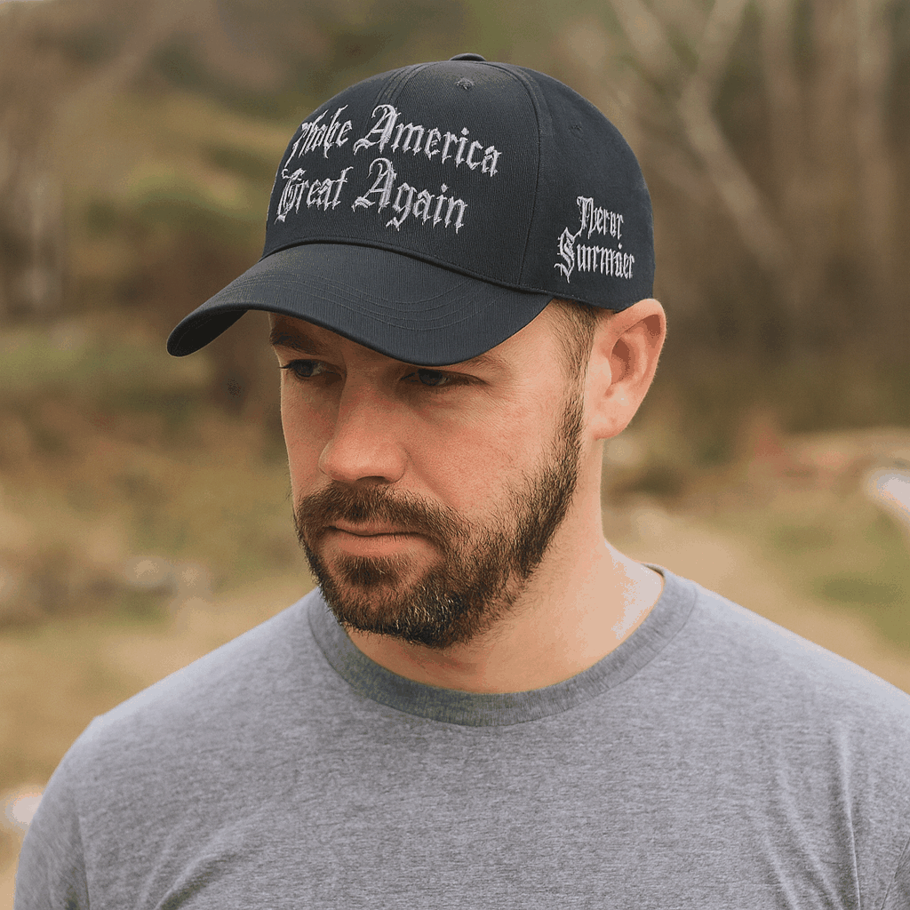 Gothic Dark MAGA Trump Cap – Black, Gothic Embroidery, Never Surrender Side, Flag & Trump Back