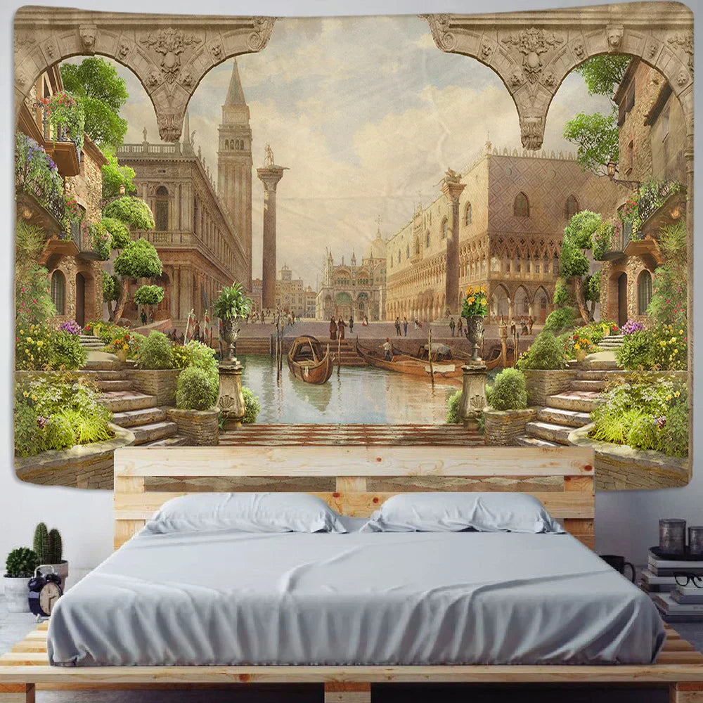 DecorBites™ Green Plant Landscape Tapestry | Boho Wall Hanging for City Castle Hill