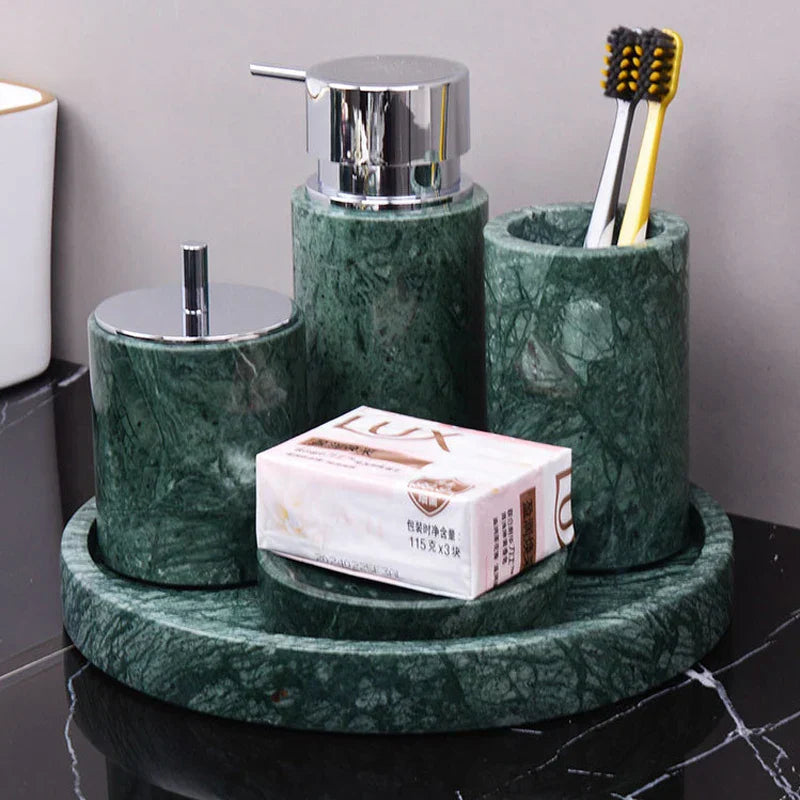 DecorBites™ Dark Green Marble Bathroom Set - Nordic Light Luxury Tray Toothbrush Holder Soap Dispenser Kit