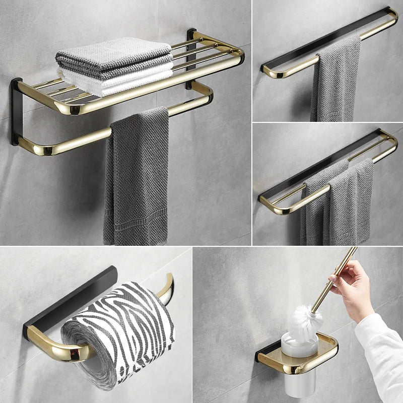 DecorBites™ Gold & Black Bathroom Hardware Set: Shelf, Towel Rack, Paper Holder, Brush Holder