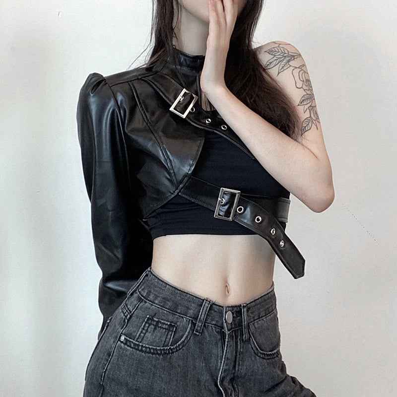 Punk Style Crop Tops Cool Single Long Sleeve PU Leather Streetwear Jacket for Women