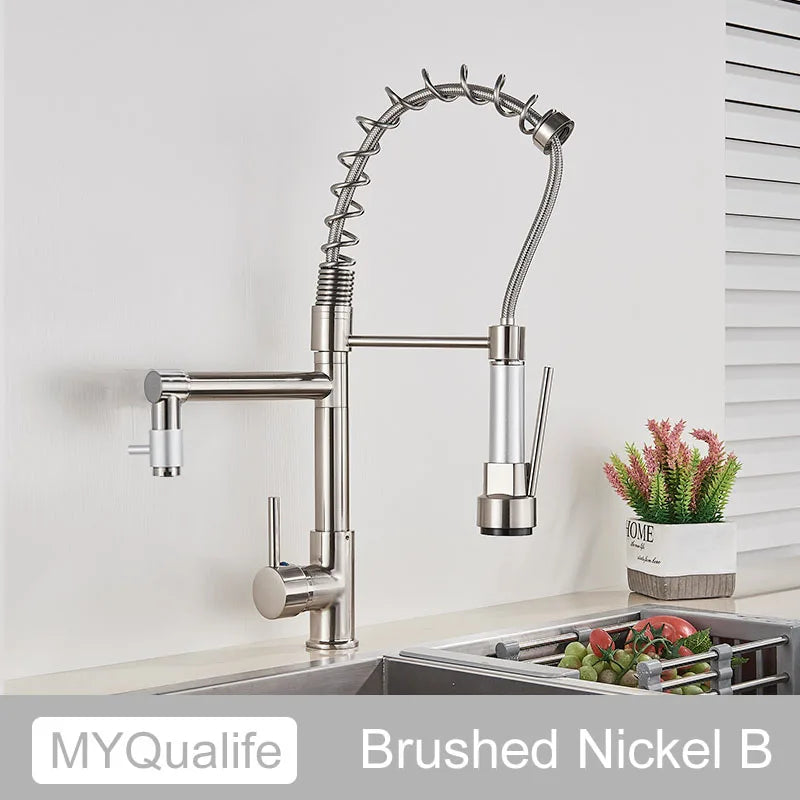 DecorBites™ Dual Spout Kitchen Sink Faucet - Matte Black Finish, Deck Mount Spring Mixer