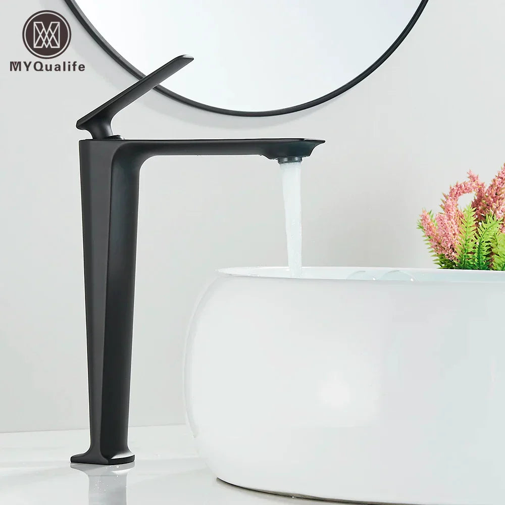 DecorBites™ Black Brass Bathroom Sink Faucet, Hot Cold Water Mixer, Single Handle Deck Mount