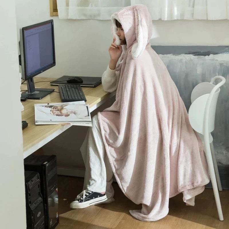 DecorBites™ Kawaii Rabbit Hooded Blanket: Coral Velvet Warm Throw Blanket for Adults and Kids