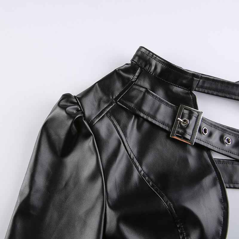 Punk Style Crop Tops Cool Single Long Sleeve PU Leather Streetwear Jacket for Women