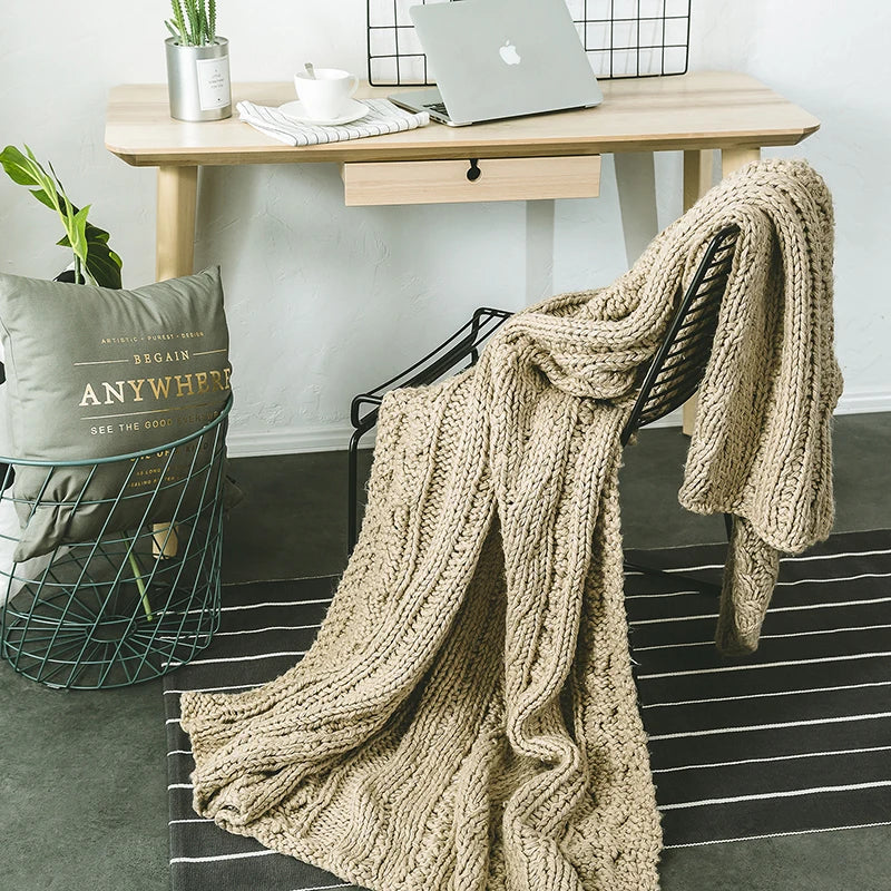 DecorBites™ Khaki Beige Chunky Knit Wool Blanket