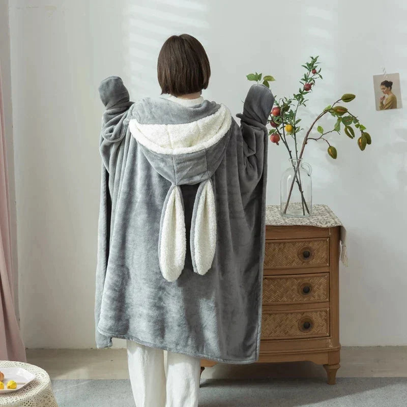 DecorBites™ Kawaii Rabbit Hooded Blanket: Coral Velvet Warm Throw Blanket for Adults and Kids