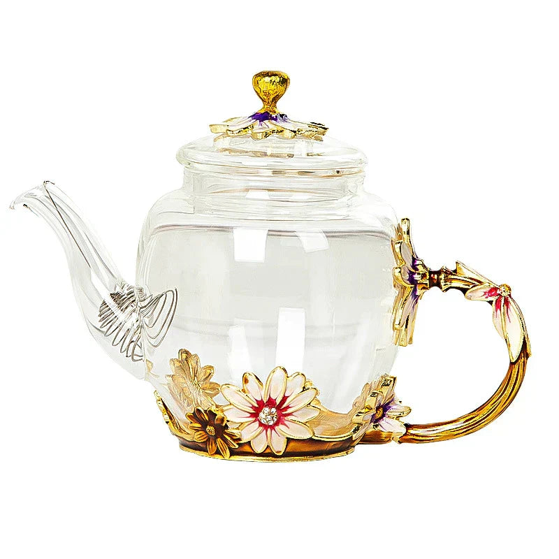 DecorBites™ Daisy Enamel Crystal Glass Teapot Set for Hot and Cold Drinks