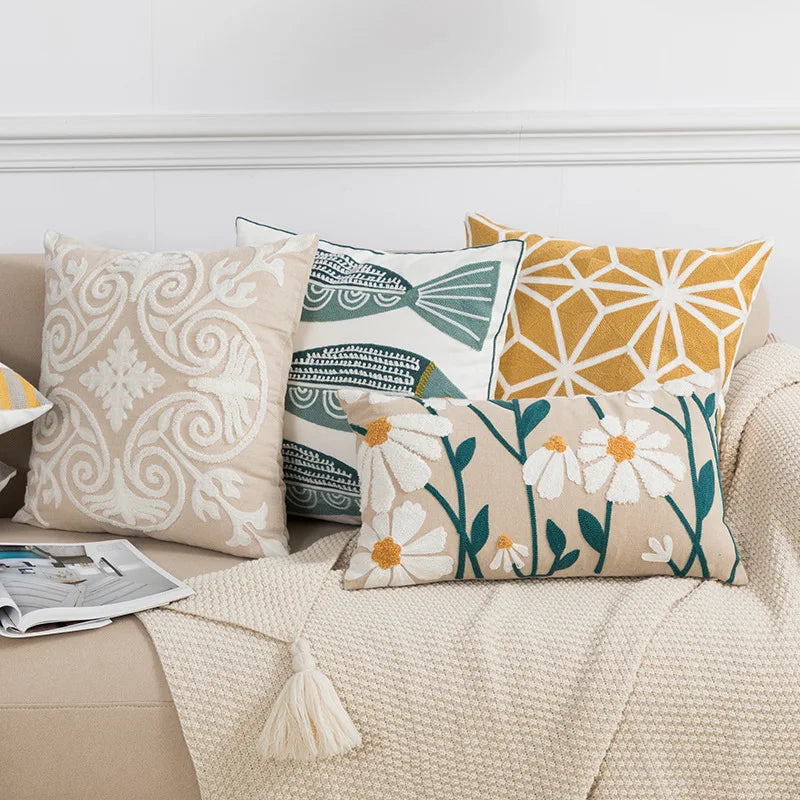 DecorBites™ Daisy Floral Geometric Embroidery Pillow Cover Yellow Blue 45x45cm Soft Cozy