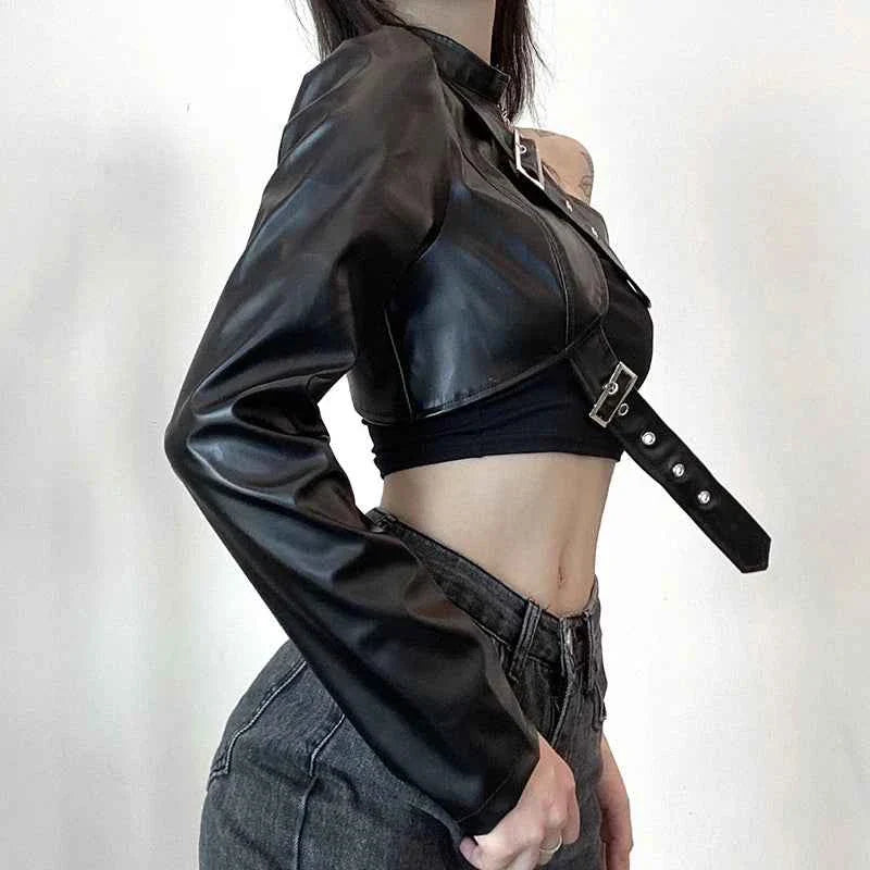Punk Style Crop Tops Cool Single Long Sleeve PU Leather Streetwear Jacket for Women
