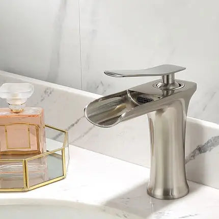 DecorBites™ Gold Waterfall Bathroom Basin Faucet Mixer Tap Hot Cold White Sink