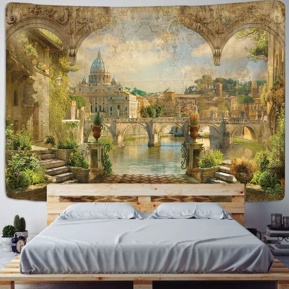 DecorBites™ Green Plant Landscape Tapestry | Boho Wall Hanging for City Castle Hill