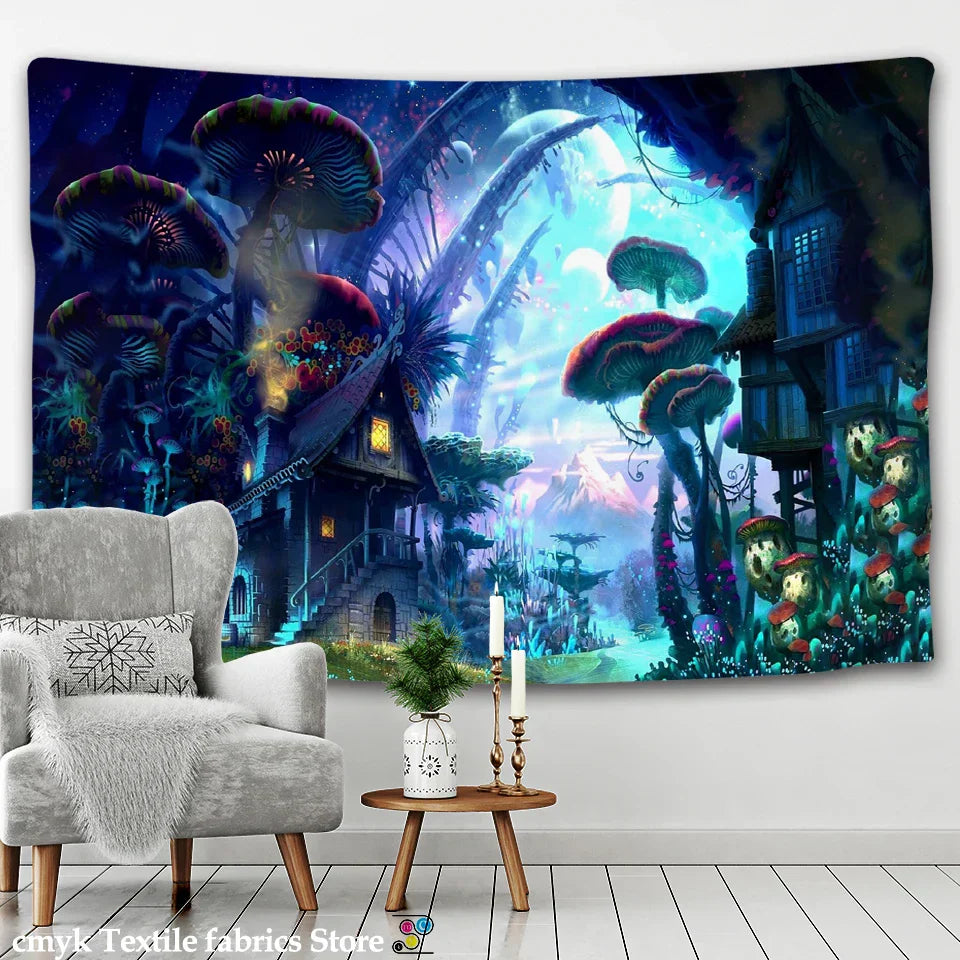 DecorBites™ Dreamy Castle Mushroom Tapestry Psychedelic Wall Hanging Hippie Kids Decor