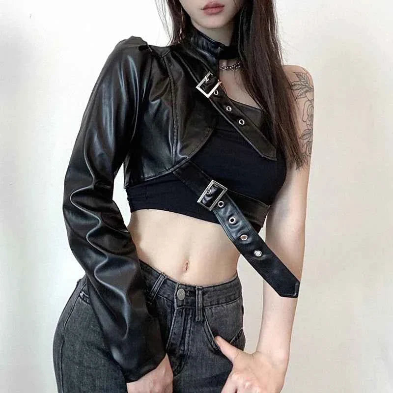 Punk Style Crop Tops Cool Single Long Sleeve PU Leather Streetwear Jacket for Women