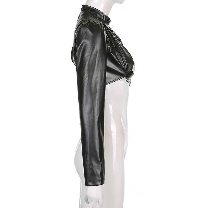 Punk Style Crop Tops Cool Single Long Sleeve PU Leather Streetwear Jacket for Women