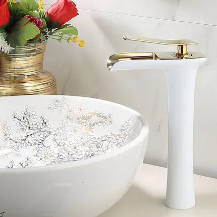 DecorBites™ Gold Waterfall Bathroom Basin Faucet Mixer Tap Hot Cold White Sink