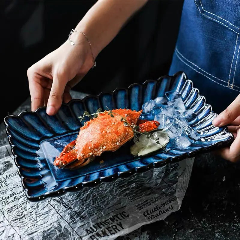 DecorBites™ Klin Glazed Ceramic Rectangle Dinner Plate - Sushi Fish Display Tray