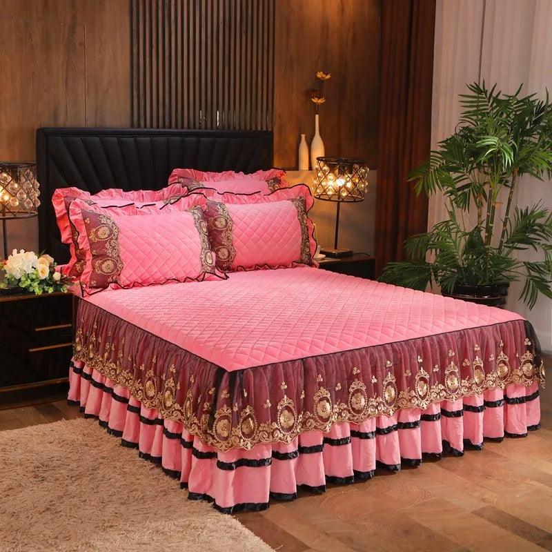 DecorBites™ Crystal Velvet Bedspread Set with Super Soft Quilting & Lace Bedskirt