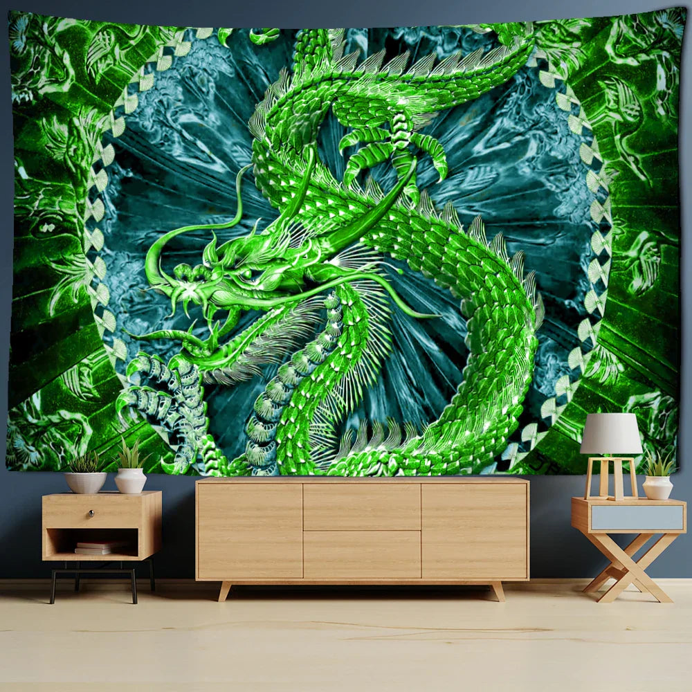 DecorBites™ Golden Loong Dragon Totem Tapestry, Cartoon Castle Wall Hanging & Home Decor Art