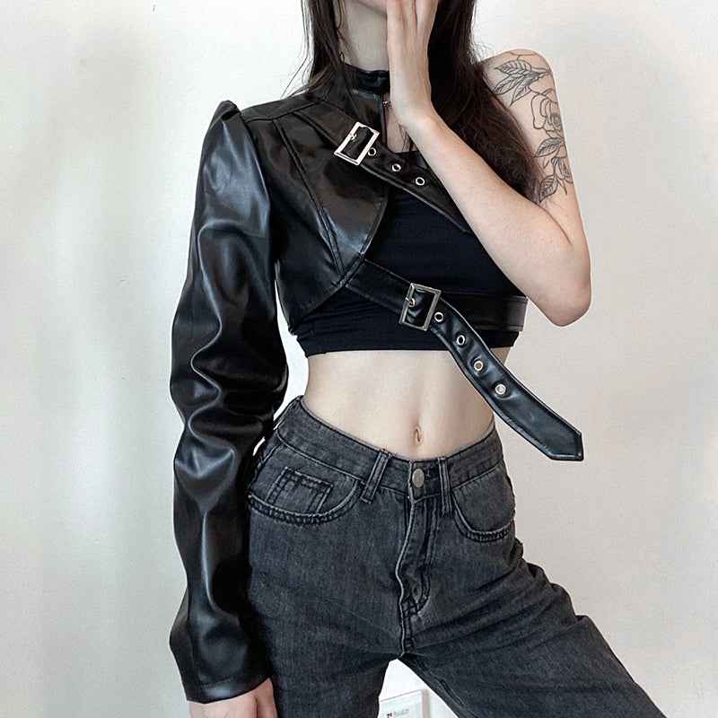 Punk Style Crop Tops Cool Single Long Sleeve PU Leather Streetwear Jacket for Women