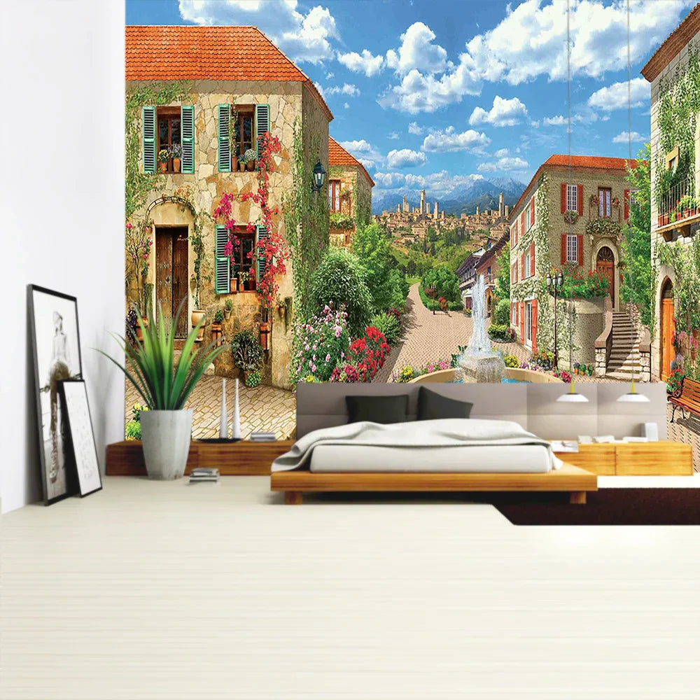 DecorBites™ Green Plant Landscape Tapestry | Boho Wall Hanging for City Castle Hill