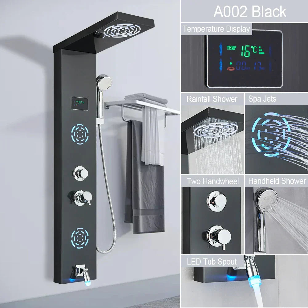 DecorBites™ LED Light Shower Faucet System: Rainfall, Massage Jets, Waterfall Panel with Temperature Control