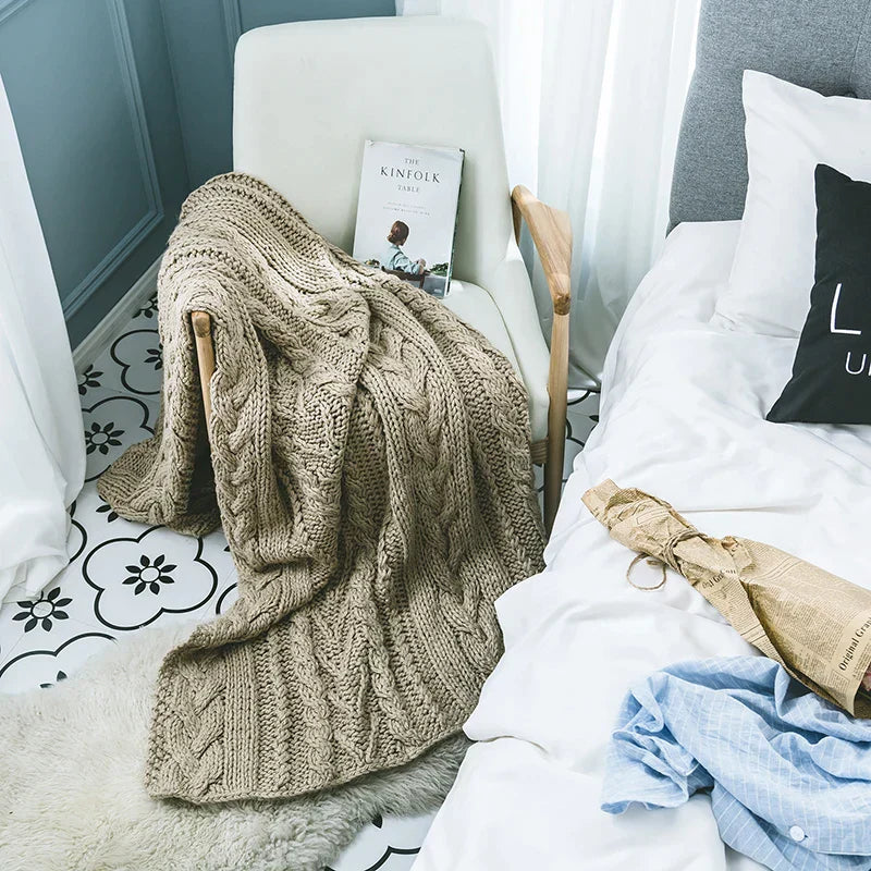 DecorBites™ Khaki Beige Chunky Knit Wool Blanket