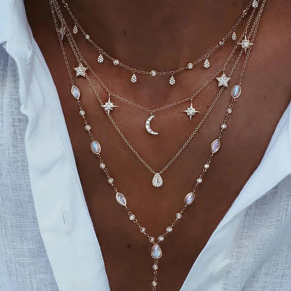 Boho Crystal Star & Moon Necklace