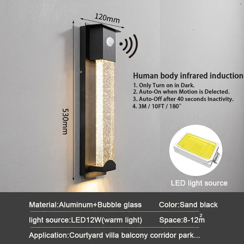 DecorBites™ Crystal Outdoor LED Wall Light with PIR Motion Sensor, IP65 Waterproof Sconce Luminare