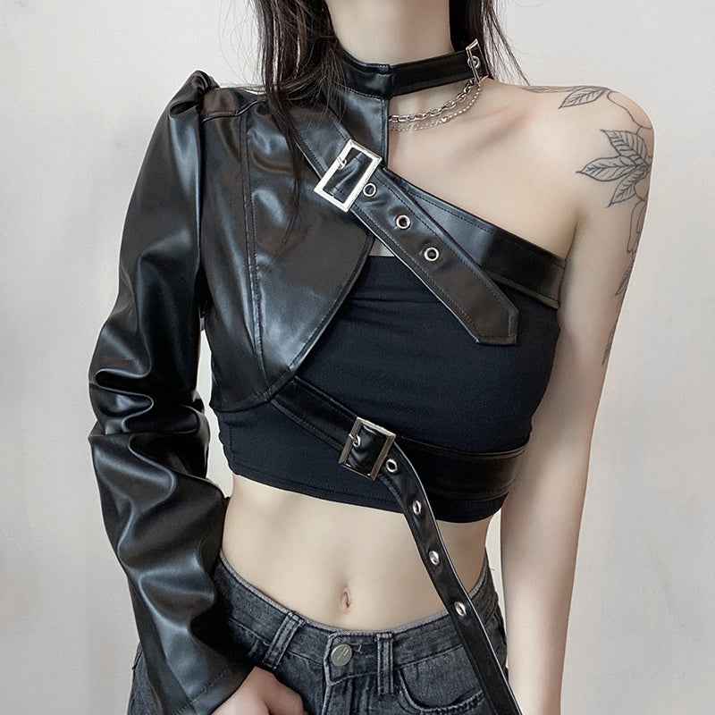 Punk Style Crop Tops Cool Single Long Sleeve PU Leather Streetwear Jacket for Women