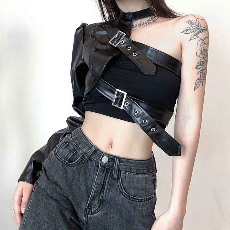 Punk Style Crop Tops Cool Single Long Sleeve PU Leather Streetwear Jacket for Women