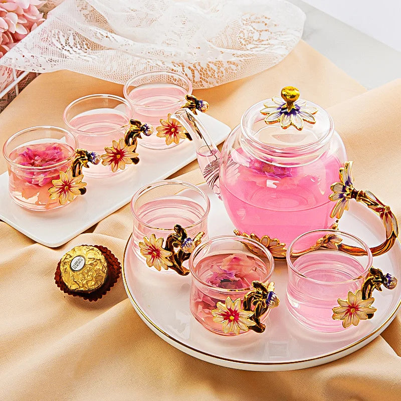 DecorBites™ Daisy Enamel Crystal Glass Teapot Set for Hot and Cold Drinks