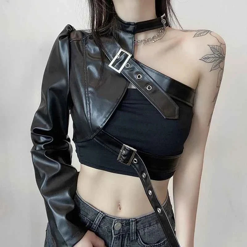 Punk Style Crop Tops Cool Single Long Sleeve PU Leather Streetwear Jacket for Women