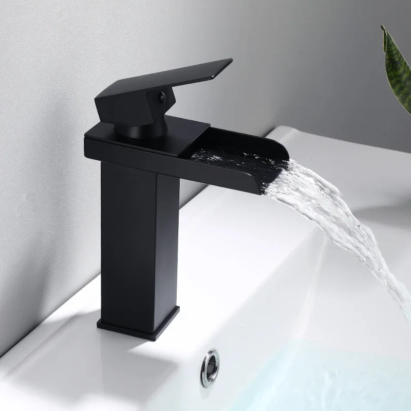 DecorBites™ Gold Waterfall Basin Faucet: Brass Bathroom Mixer Tap, Hot Cold Sink Faucet