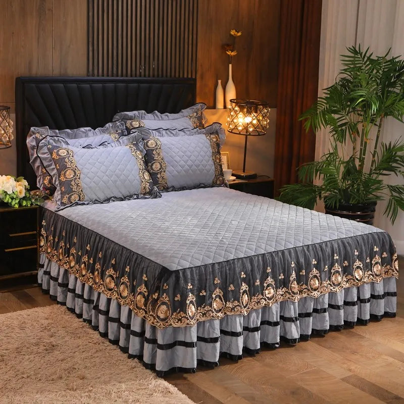 DecorBites™ Crystal Velvet Bedspread Set with Super Soft Quilting & Lace Bedskirt