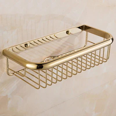 DecorBites™ Gold Brass Bathroom Shelf with Towel Hanger, Shampoo Holder, and Basket