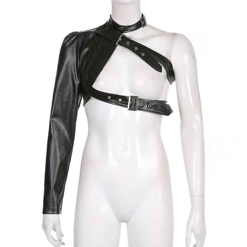 Punk Style Crop Tops Cool Single Long Sleeve PU Leather Streetwear Jacket for Women