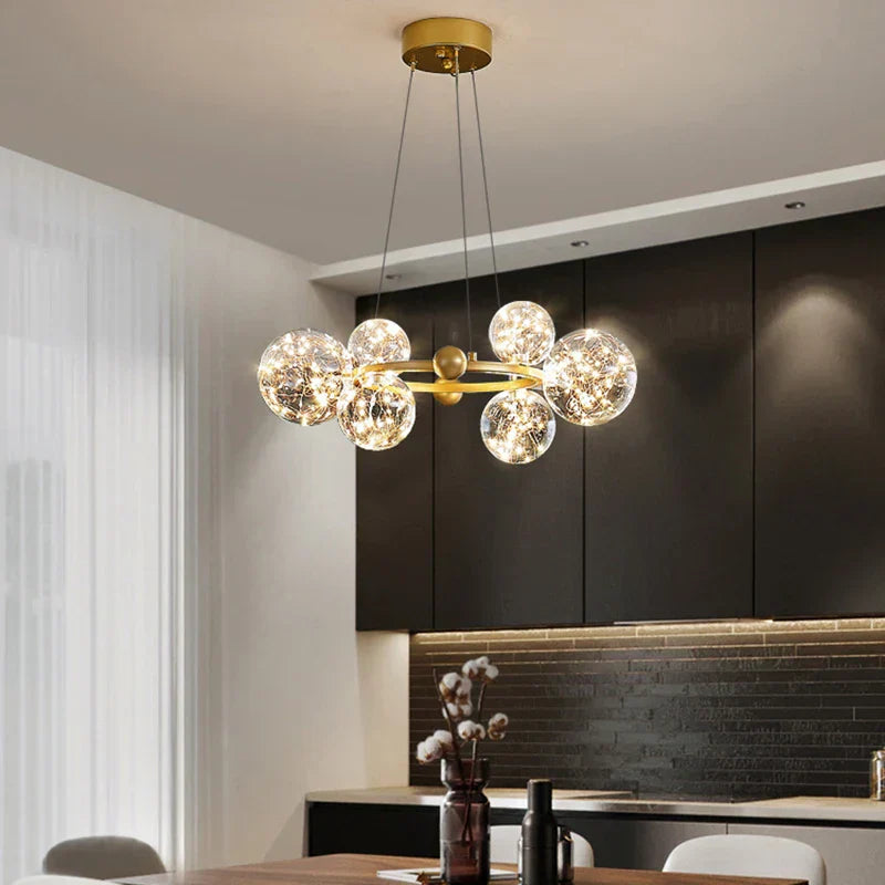 DecorBites™ Golden Ring Glass Ball Chandelier with Remote Control for Living Dining Room