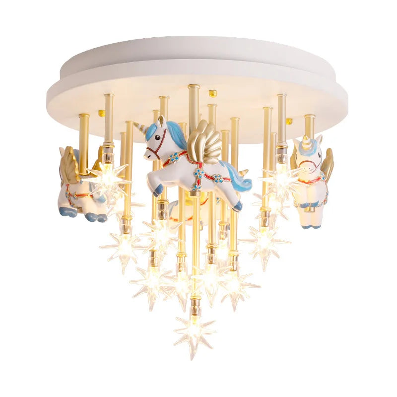 DecorBites™ Kids Resin Horse Paper Crane Ceiling Light - Blue Pink LED Bedroom Lamp