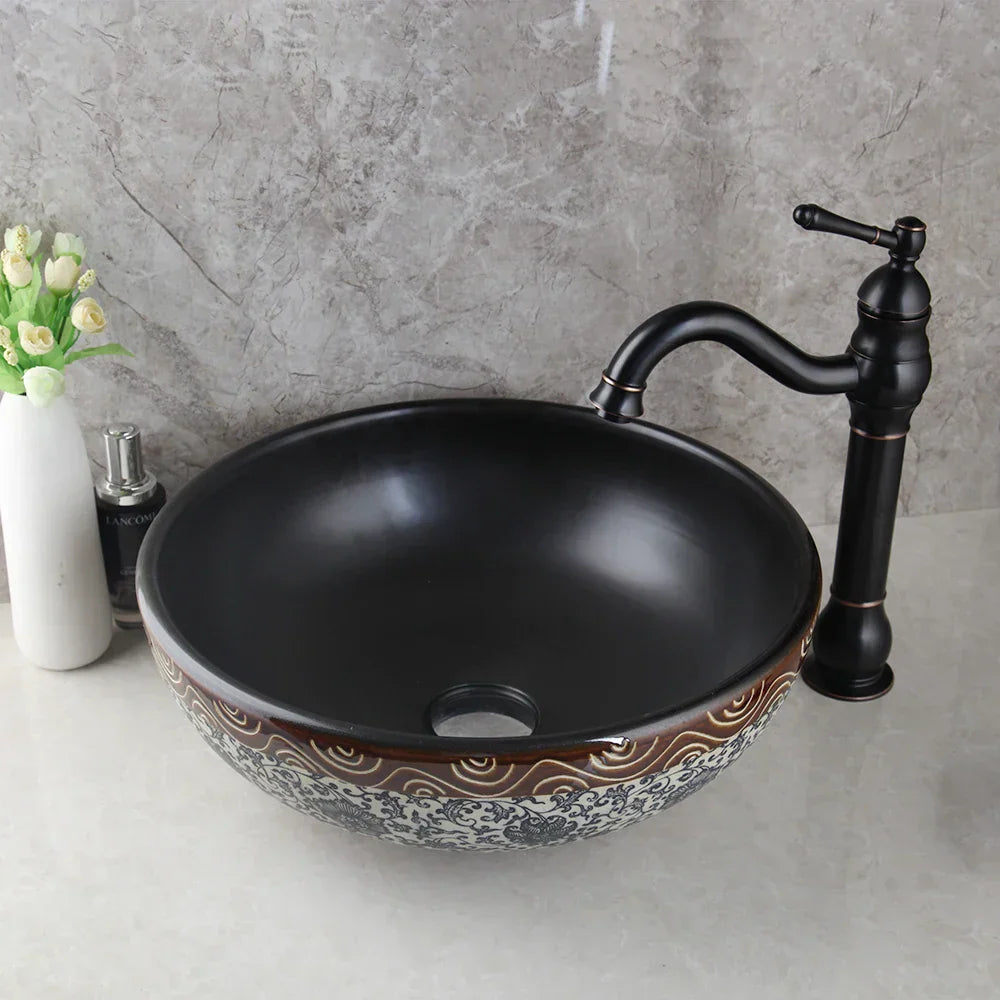 DecorBites™ Black Ceramics Sink with Hand-Painted Waterfall Design and Brass Faucet