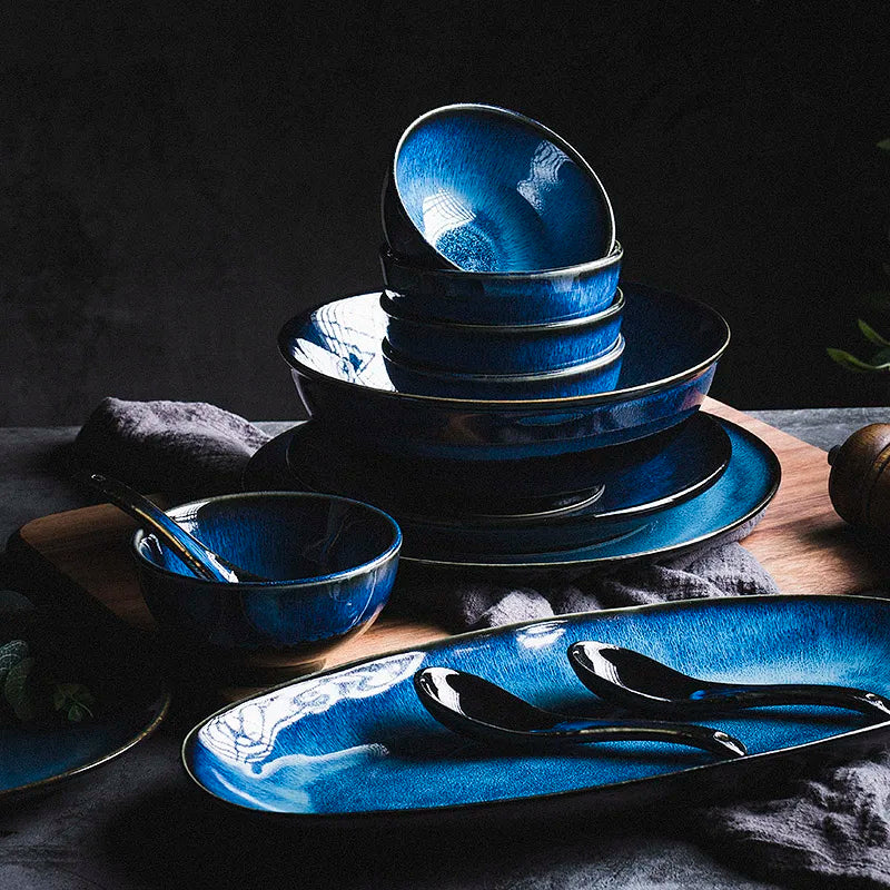 DecorBites™ Japanese Blue Ceramic Tableware Set - Rice Bowl, Plate, Spoon, Udon Ramen Bowl, Soup Dish