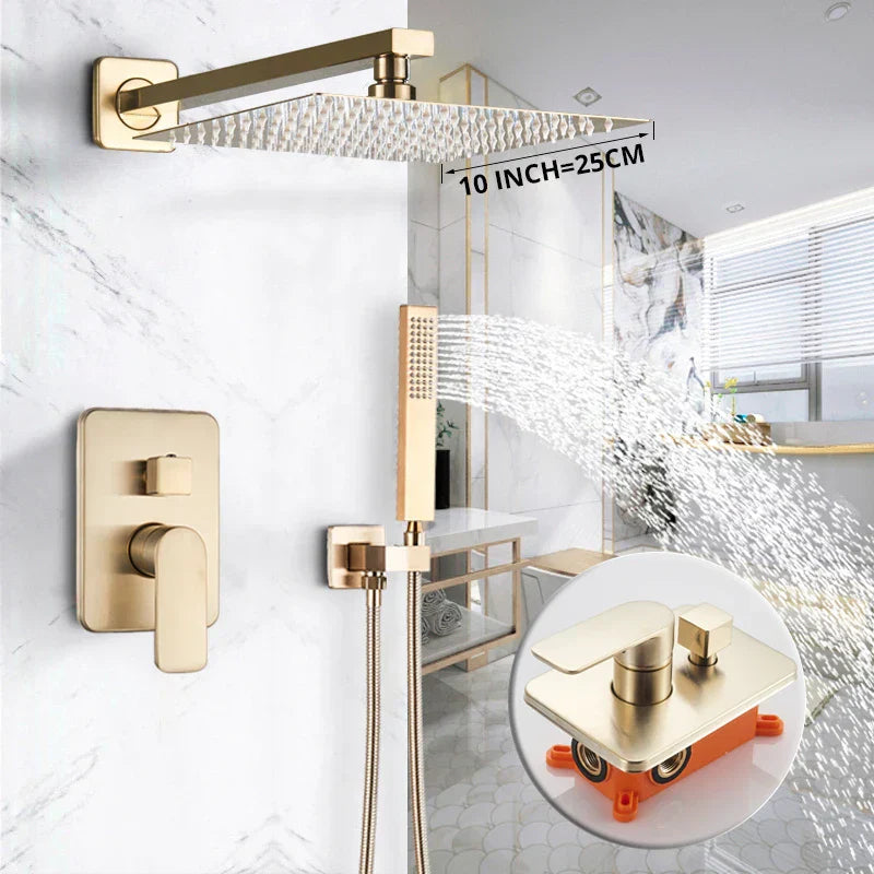 DecorBites™ Golden 8" Rainfall Shower Faucet Set with Handshower - Wall Mounted Luxury Mixer Tap